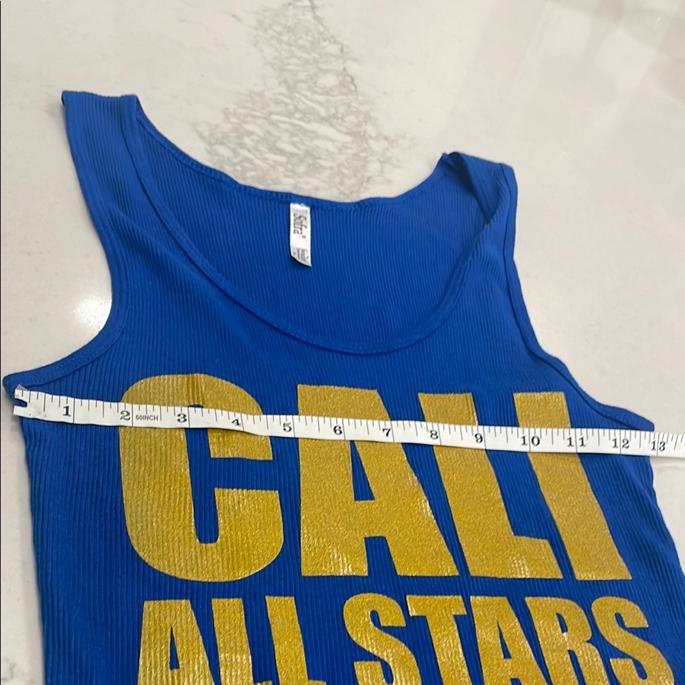 Blue rubbed California Allstars Tank Top with Yellow Print - Picture 5 of 5